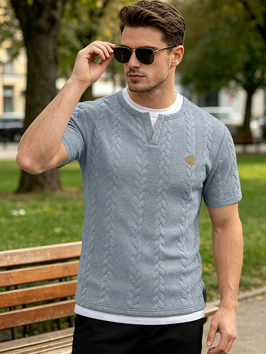 Summer Vintage Vertical Stripe Twisted Cable Embossed Men's Short Sleeve Double-Layer 2-in-1 Look Layered Design Henley Collar T-Shirt, Breathable Textured Versatile Top for Daily Commuting - Light Grey