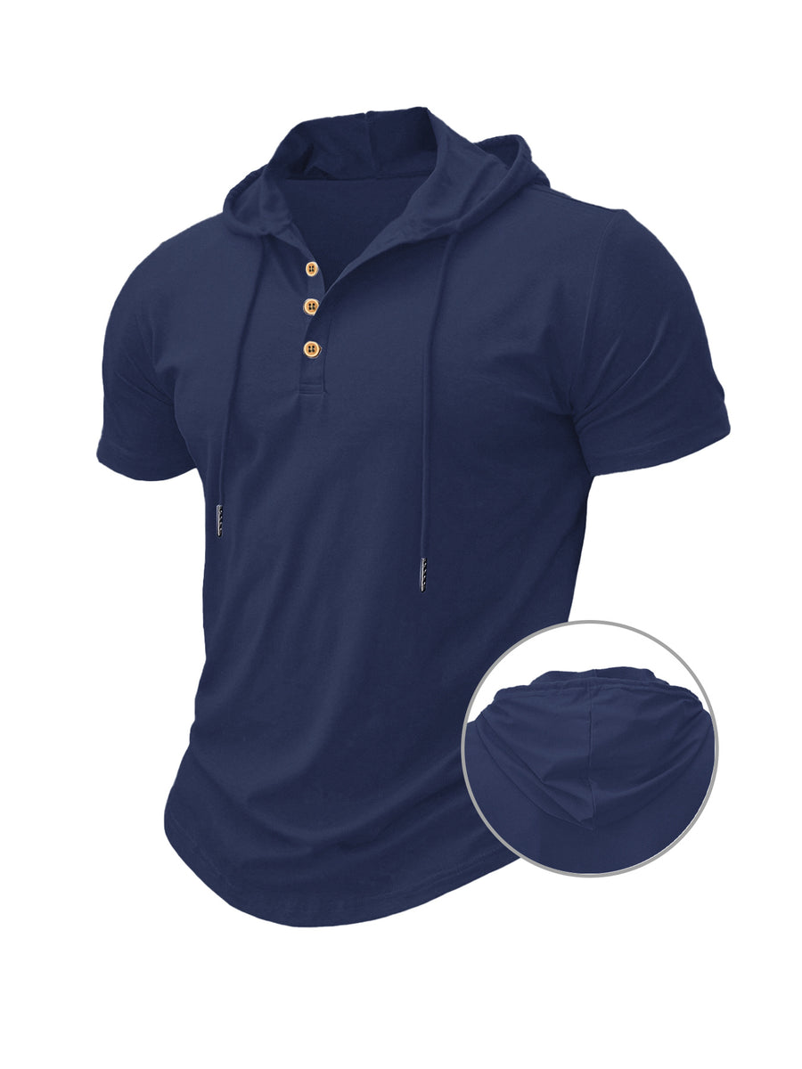 A Single Piece Men'S Casual Hooded Henley Shirt, Lightweight Sports T-Shirt for Summer That Wicks Moisture And Is Breathable, Featuring a Solid Color, Short Sleeves, Button Details at The Neckline, Adjustable Drawstrings for The Hood, Regular Fit - Navy Color