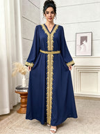 1pc Women's Elegant Kaftan Dress Golden Embroidery V-Neck Long Sleeve Abaya Maxi Dress Luxury Evening Party Gown with Belt White Embroidery Abaya Dress Women's V-Neck Long Sleeve Maxi Kaftan Luxury Contrast Golden Trim Party Gown - Navy Color