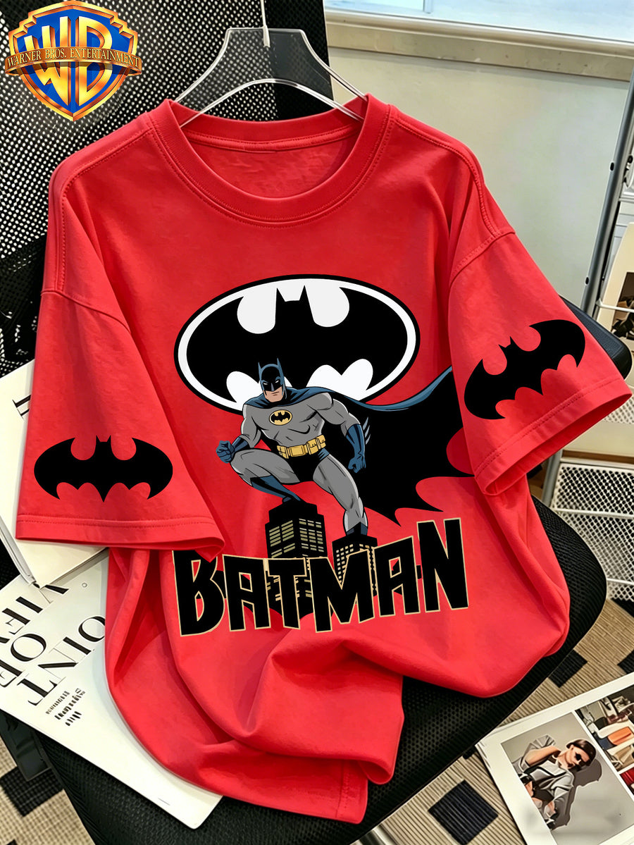 Official WB. Men's Short-sleeve T-shirt with Fun Cartoon Print Featuring the DC Batman Logo Character. Round-neck Top Suitable for Men's Casual Summer Daily Commutes, Home Wear, and Office Outfits - Red