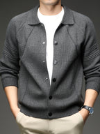 [Xingfan] Autumn Winter Men'S Long Sleeve Cardigan Lapel Business Casual Solid Color Thick Knit Thickened Jacket - Grey
