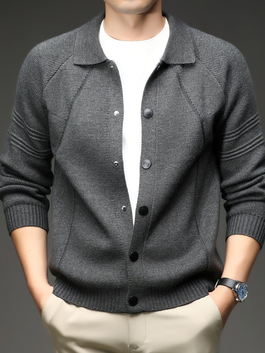 [Xingfan] Autumn Winter Men'S Long Sleeve Cardigan Lapel Business Casual Solid Color Thick Knit Thickened Jacket - Grey