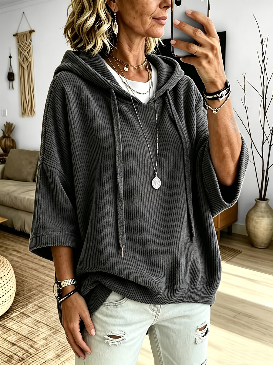 Plus Size - Women'S Casual Corduroy Drawstring Hooded Sweatshirt, Classic Versatile Hooded Top Elegant Women'S Top, Loose Fit Comfortable Sweatshirt Suitable for Commute And Casual Wear Spring/Autumn Clothing - Graphite Color