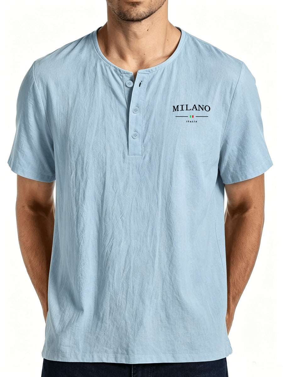 European-style Minimalist Printed Henley Collar Short-Sleeve Men's T-Shirt, Lightweight with Pleated Texture, Loose Fit for Beach Vacation Casual Wear - Sky Blue