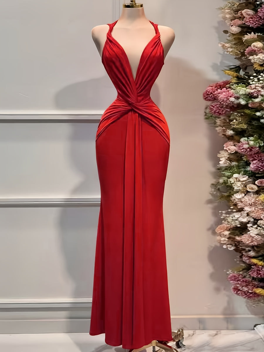 Women's Elegant Solid Color Satin Deep V-Neck Dress with Twist Knot Waist & Pleated - Cinching Wedding Bridesmaid Dress Suitable for Parties, Banquets, Prom, Special Occasions - Machine Washable Formal Attire - Burgundy