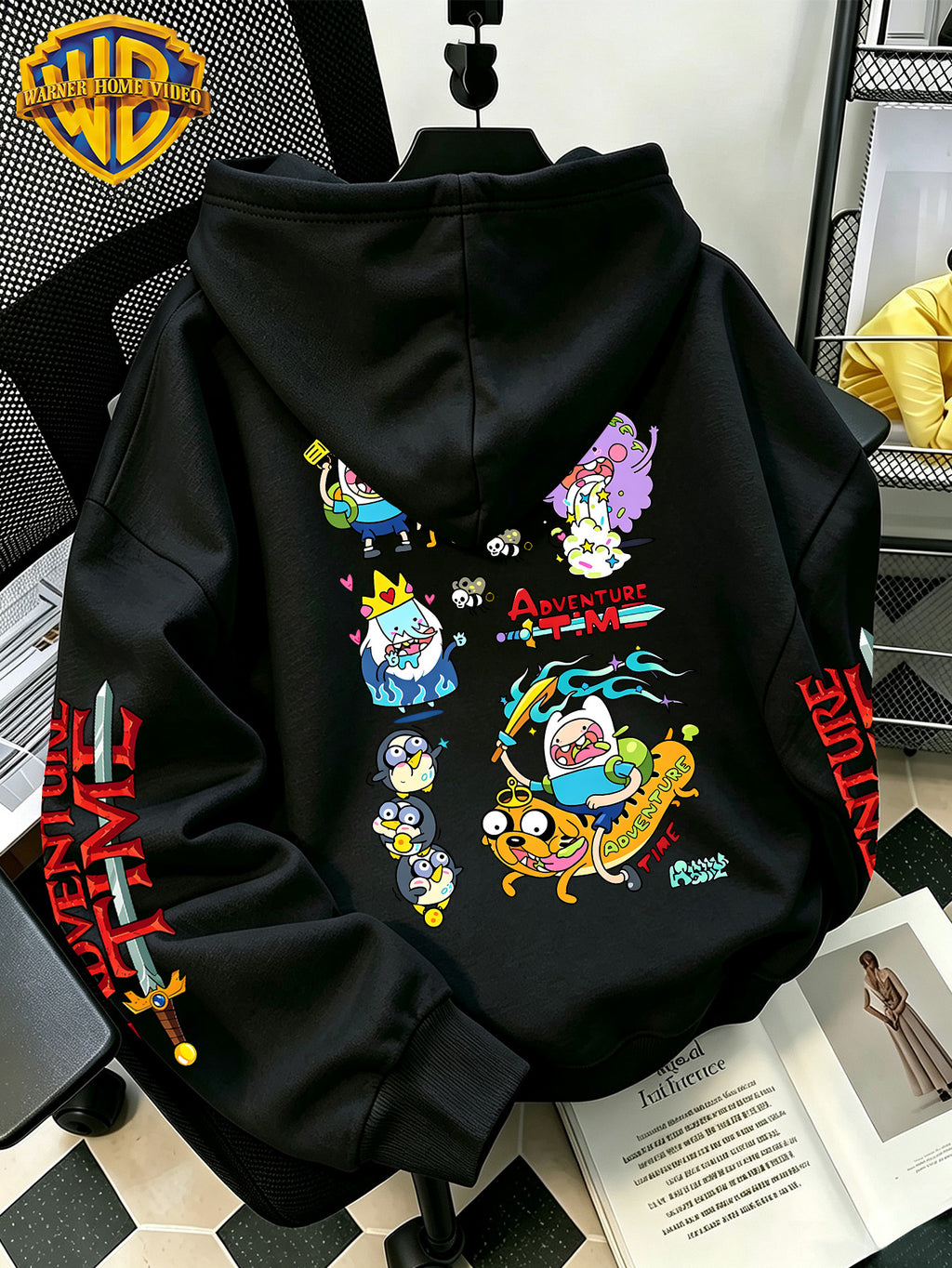 Warner Bros Official Adventure Time Q-Style Multi-Character Patchwork Cartoon Print Hooded Sweatshirt - Men's Casual Versatile Sweatshirt, Comfortable Autumn/Winter Wear, Ideal for Sports, Outdoors, Outings, Travel, and Daily/Commute/Home Use - Black