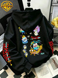 Warner Bros Official Adventure Time Q-Style Multi-Character Patchwork Cartoon Print Hooded Sweatshirt - Men's Casual Versatile Sweatshirt, Comfortable Autumn/Winter Wear, Ideal for Sports, Outdoors, Outings, Travel, and Daily/Commute/Home Use - Black