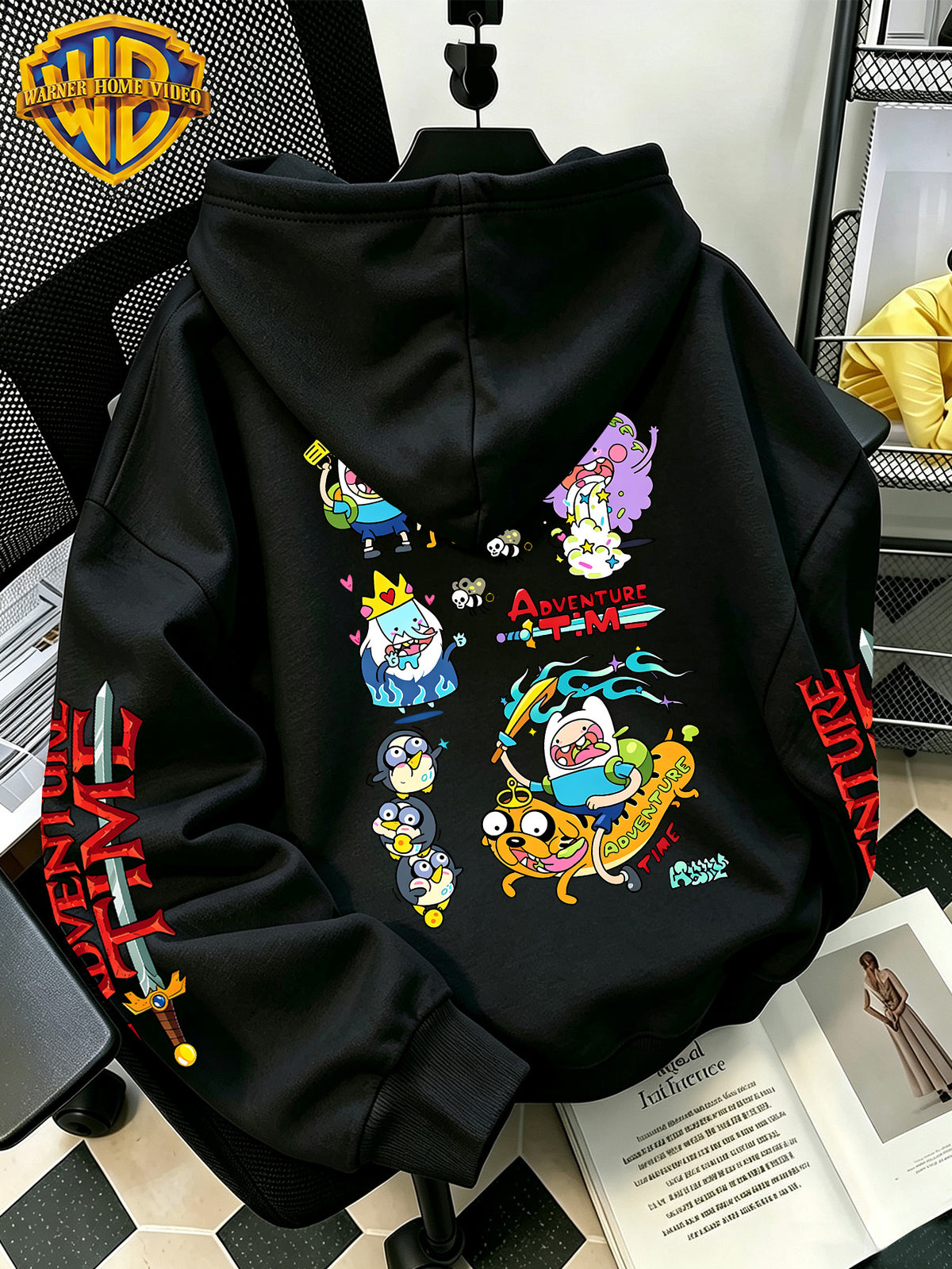 Warner Bros Official Adventure Time Q-Style Multi-Character Patchwork Cartoon Print Hooded Sweatshirt - Men's Casual Versatile Sweatshirt, Comfortable Autumn/Winter Wear, Ideal for Sports, Outdoors, Outings, Travel, and Daily/Commute/Home Use - Black