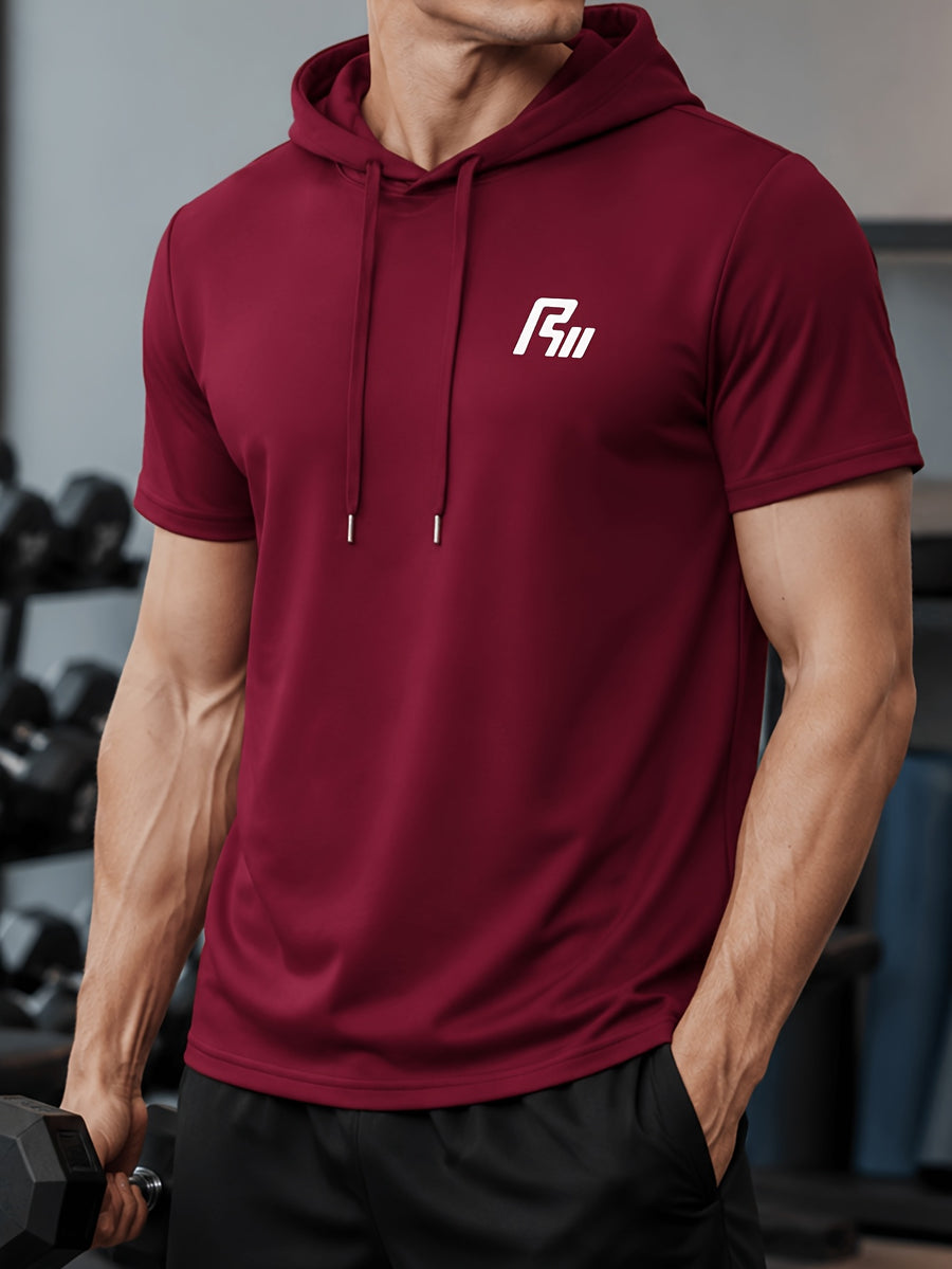 Men'S Summer T-Shirt, Easy Small Logo Print Men'S Hooded Short Sleeve, Soft Comfortable Breathable Versatile Fabric Sports T-Shirt, Loose Slimming Men'S Hoodie Easy Print Top - Burgundy