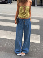 66686# Autumn Winter New Elegant Fashion Easy Comfortable Women'S High-Waist Elastic Waist Drawstring Straight Loose Jeans - Blue