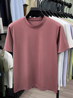 NERPOLO Men's Solid Color Short Sleeve T-Shirt - Round Neck Casual Summer Tee with Suitable for Middle-Aged, Regular Fit Breathable Shirt, Hand Washable Solid Color Round Neck Half-Sleeve Blouse for Casual Attire (No Transparency) - Pink Color