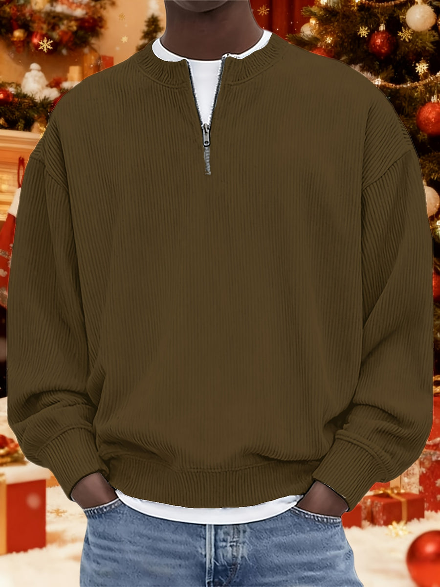 Men's Corduroy Half-Zip Knit Sweatshirt, Casual Versatile -Lined Long Sleeve Top, Autumn Winter Casual Loose Knitwear, Trendy Versatile Multiple Colors Available - Light Brown-1