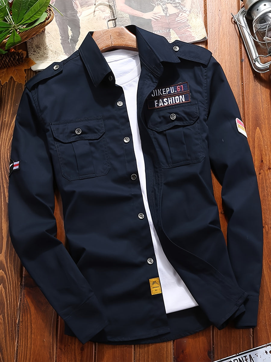 Men'S Long Sleeve Dress Shirt Business Casual Men'S Shirt Jacket Work Outerwear Shoulder Epaulet Jacket Men'S Handsome Youth School Solid Color Coat Comfortable Casual Versatile Tall Slimming Coat Top Thanksgiving Christmas Gift - Navy Color