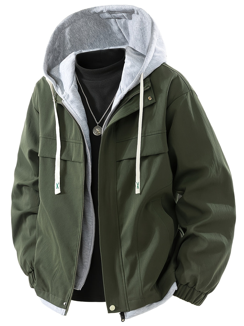 Men's Casual Hooded Jacket, Trendy and Versatile, Suitable for Outdoor and Daily Wear, Faux 2pcs Design, Spring and Autumn Style - Military Green