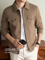 Men's Lightweight Textured Jacket with Button-Front & Collar - Soft Breathable Workwear Coat Suitable for Business Office, Travel, Casual Streetwear, Spring/Autumn Outerwear, Hand Washable Button-Up Blazer - Khaki