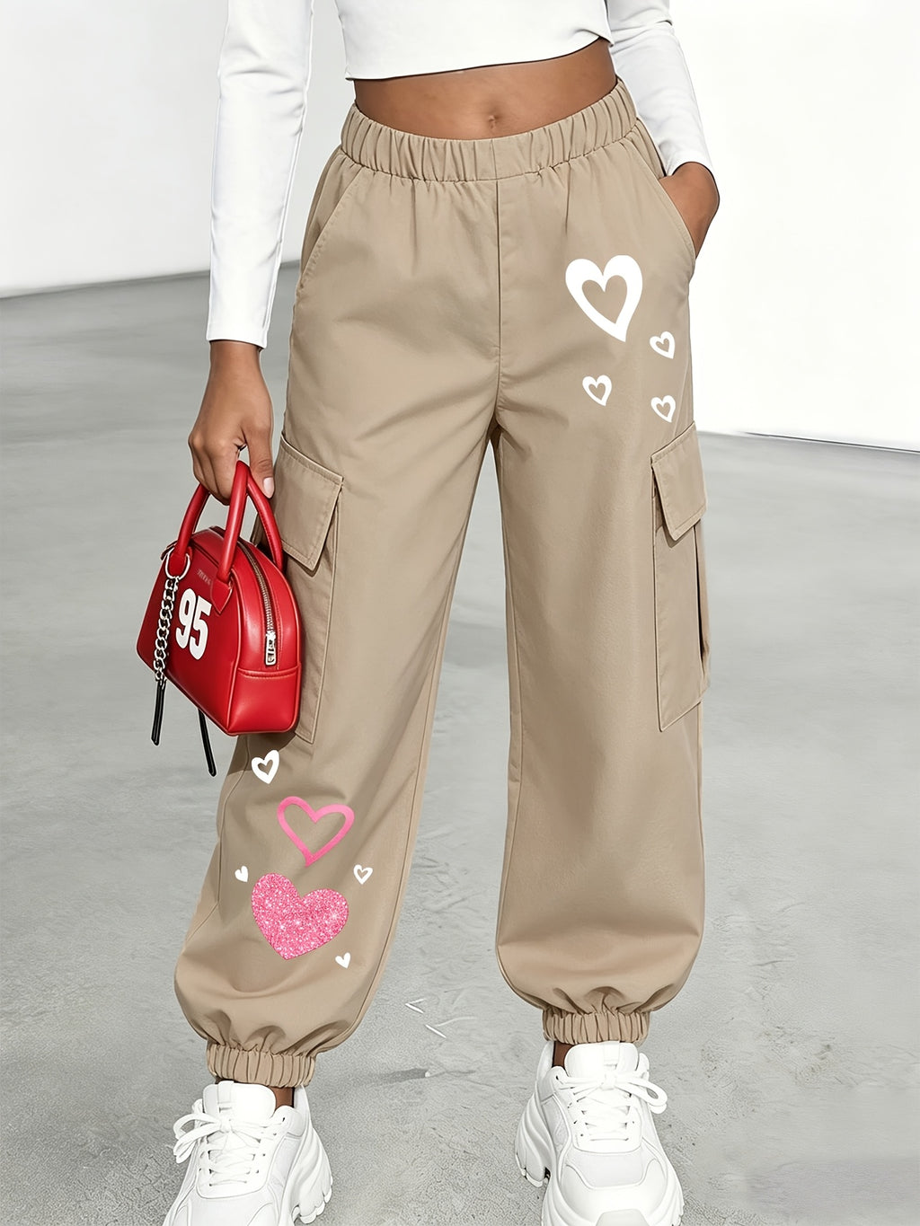 New Arrival - Women's Cargo Pants Sold Individually, Cute and Fun Heart Print Work Pants with Multiple Pockets, Cargo Pants Style, Long Pants for Fashionable Aged 18-25, Machine Washable, Durable Fabric - Suitable for Spring and Summer - Khaki