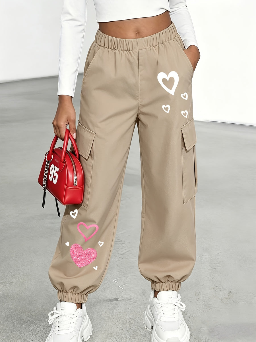 New Arrival - Women's Cargo Pants Sold Individually, Cute and Fun Heart Print Work Pants with Multiple Pockets, Cargo Pants Style, Long Pants for Fashionable Aged 18-25, Machine Washable, Durable Fabric - Suitable for Spring and Summer - Khaki