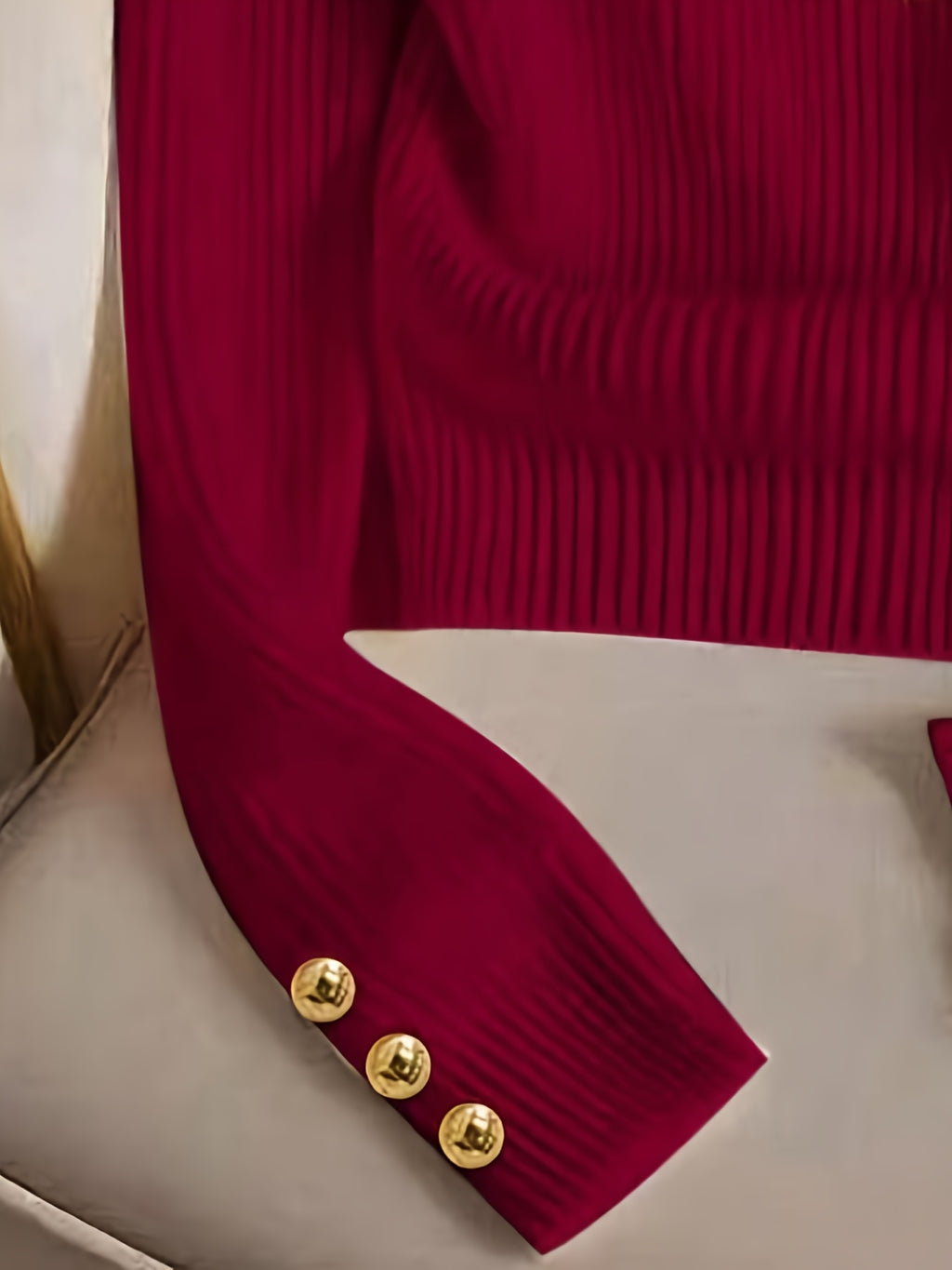 Women's Solid Color Elegant Round Neck Metal Button Decor Long Sleeve T-Shirt, Simple Fashion Top, Dignified and Delicate, Suitable for Spring and Autumn, Vintage Fashion, Elegant Commute, for Daily Wear, Office Wear, Party, Wedding, Holiday Wear - Red