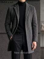 25% Wool Autumn/Winter Men's Suit Lapel Mid-Length Tweed Overcoat, Snowflake Texture Wool Blend Single-Breasted Jacket, Slim Fit Structured Minimalist Solid Color, Versatile Outerwear for Business Commuting and Daily Wear - Dark Gray