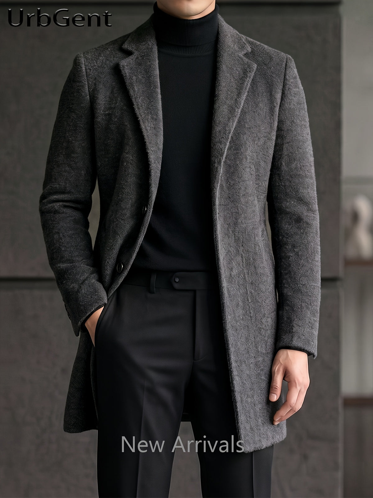 25% Wool Autumn/Winter Men's Suit Lapel Mid-Length Tweed Overcoat, Snowflake Texture Wool Blend Single-Breasted Jacket, Slim Fit Structured Minimalist Solid Color, Versatile Outerwear for Business Commuting and Daily Wear - Dark Gray