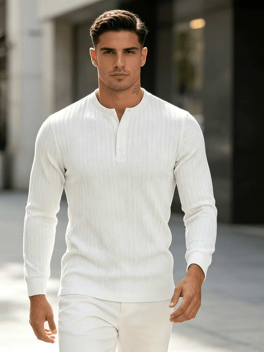 American-style Heavyweight Men's Knit Vintage Stretch Textured Pattern Casual Loose Fit Versatile Commuter Long-Sleeve Henley Shirt - White