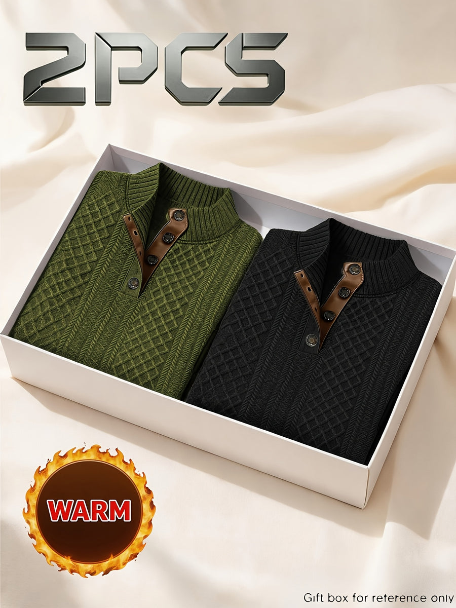 2pcs Men'S Autumn Winter Season Knit Jacquard Long Sleeve Top, Fashionable Small Stand Collar Color Block And Niche Metal Button Design, Warm Knit Casual Sweatshirt, Solid Color Long Sleeve Thick Soft Warm Fleece, Men'S Polo Athletic Sweater - Army Green+Black