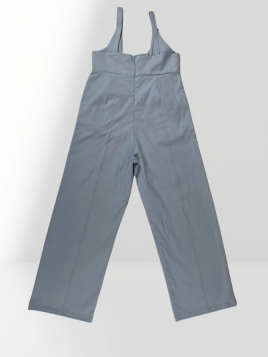 Round-neck pocket design one-piece pants, casual solid backless sleeveless wide-leg jumpsuit - Bright Steel Blue