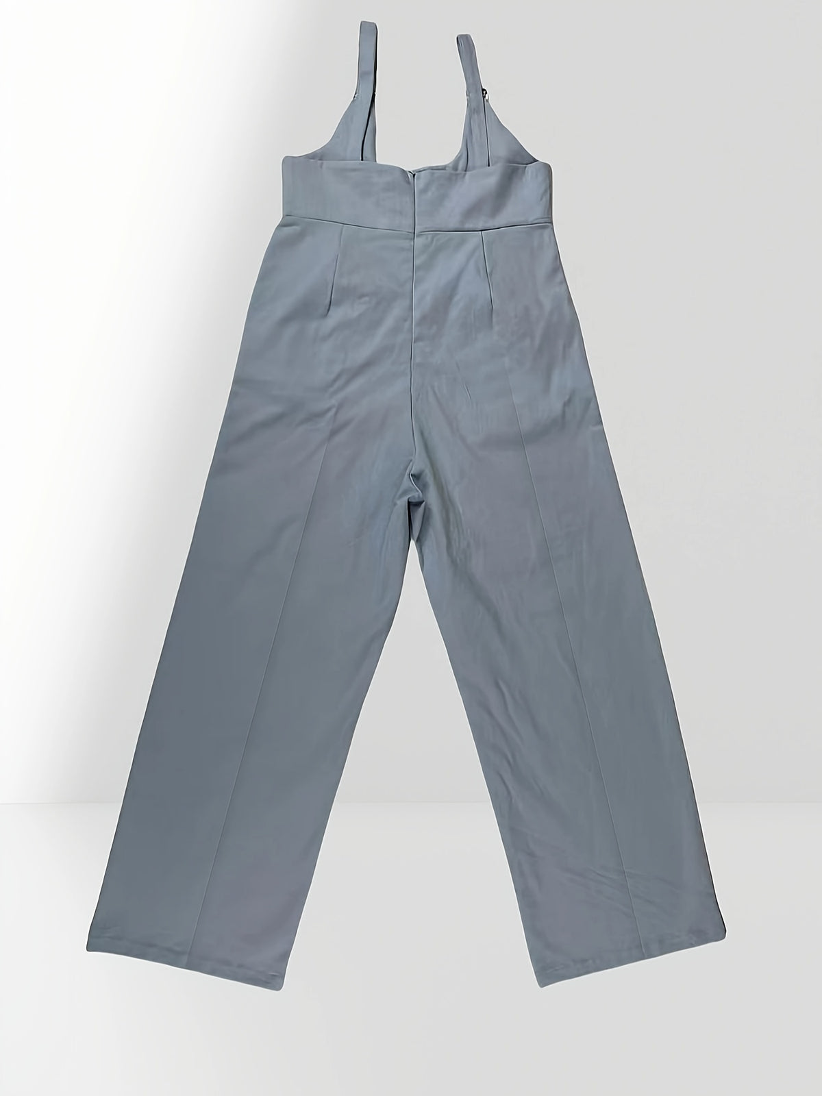 Round-neck pocket design one-piece pants, casual solid backless sleeveless wide-leg jumpsuit - Bright Steel Blue
