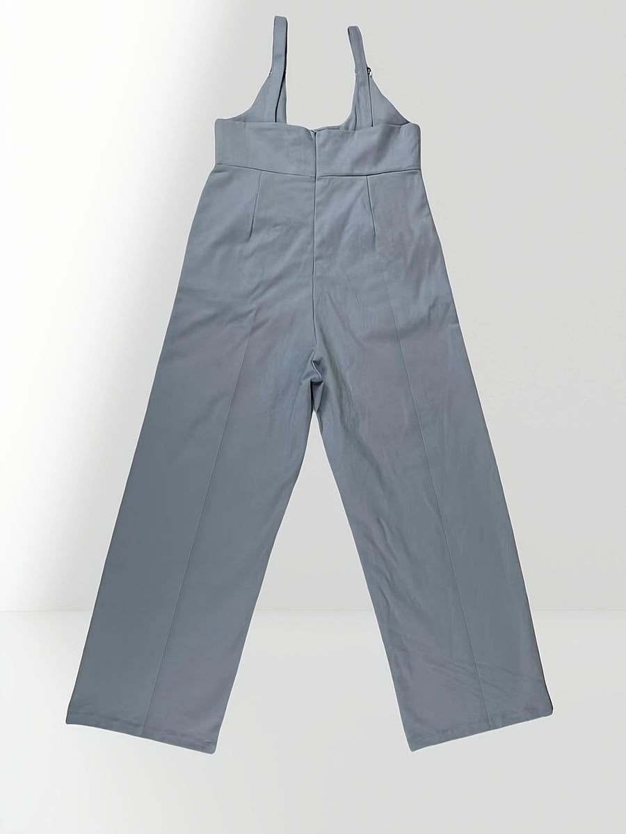 Round-neck pocket design one-piece pants, casual solid backless sleeveless wide-leg jumpsuit - Bright Steel Blue