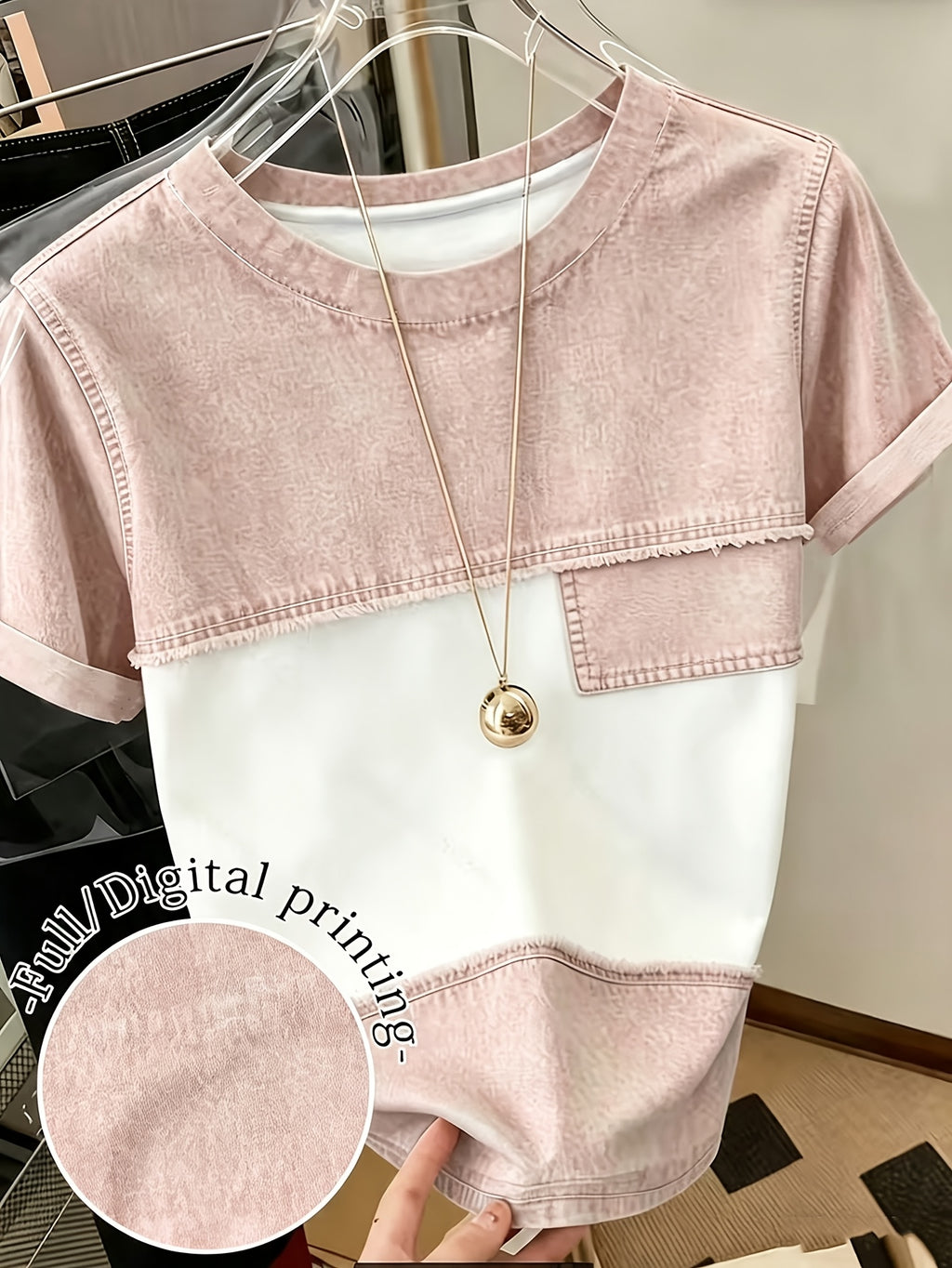 [Printed Pants - Not Denim Fabric] Women's All-Over Imitation Denim Print T-Shirt - Short Sleeve Round Neck -Compatible Top | Full-Body Denim Patchwork Design | Machine Washable Casual Summer Style Suitable for Spring/Summer Casual Attire & Layering - Pale Pinkish Gray