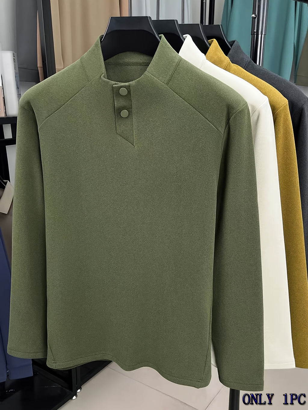 Men's Polo Shirt, Autumn/Winter Half-Turtleneck Warm Long-Sleeve Base Layer, Simple Youth Versatile Casual Top T-Shirt, In Stock - Green