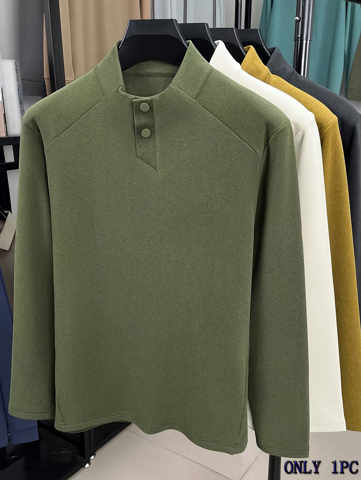 Men's Polo Shirt, Autumn/Winter Half-Turtleneck Warm Long-Sleeve Base Layer, Simple Youth Versatile Casual Top T-Shirt, In Stock - Green