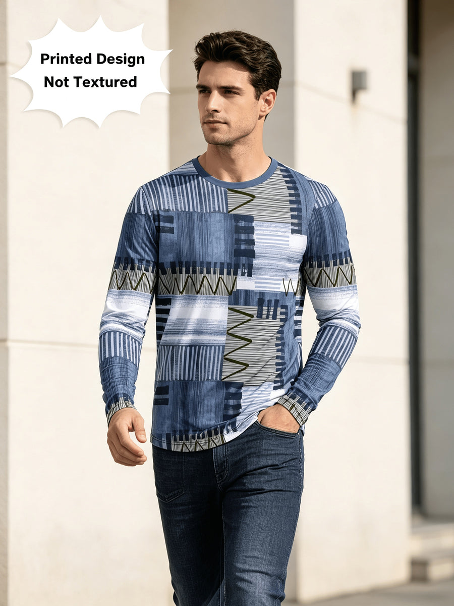 Printed Design - Not Textured Men's Crew Neck Long Sleeve Sweatshirt, Blue and White Color Block, Geometric Stripe Patchwork Art Print, Suitable for All Seasons, Vintage Style, Ideal for Daily Wear, Commuting, Casual, Fashion, Parties - Mixed colors