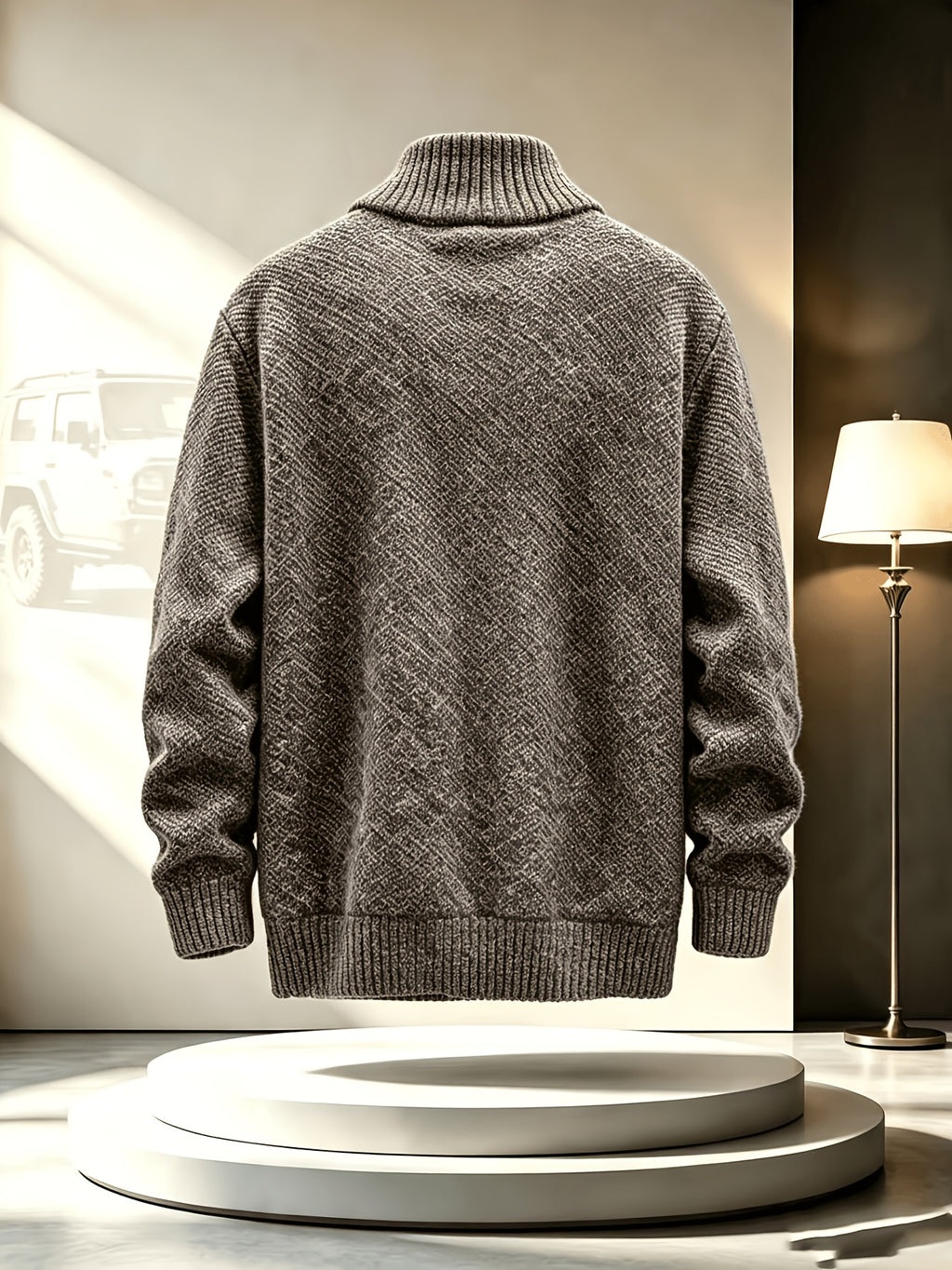 Men'S Stand Collar Zip-Up Knitted Cardigan for Fall Winter, Solid Color Long Sleeve Fleece Lined Casual Sweater Coat, Slim Fit And Versatile for Daily Wear - Khaki