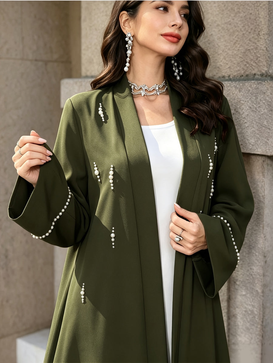 1pc Women Open Front Abaya Cardigan, Elegant Pearl Rhinestone Embellished Long Sleeve Maxi Outerwear, Modest Islamic Dubai Style Abaya Coat for Party Evening - Military Green