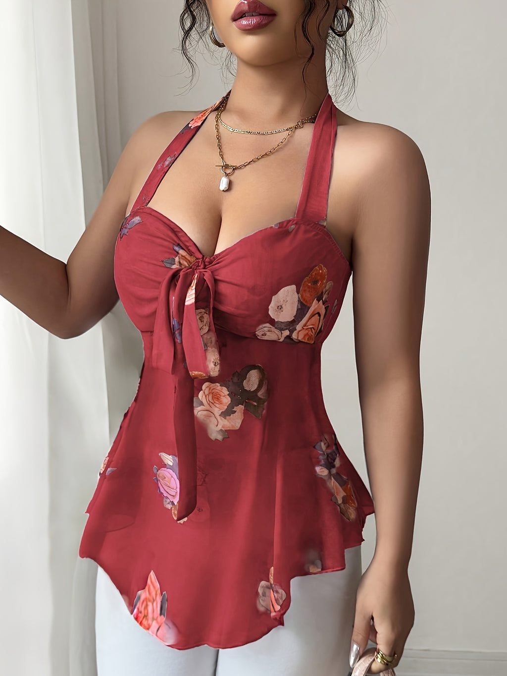 Sexy Printed Halter Neck Suspender Vest Top for Women - Deep Red
