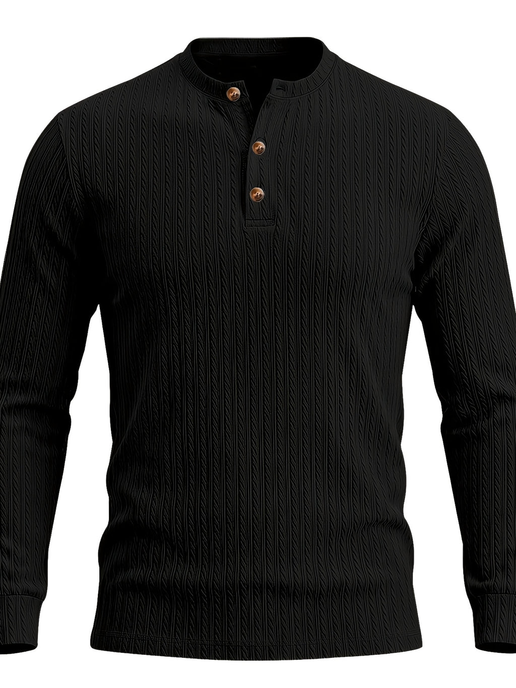 1pc Men'S Jacquard Long Sleeve Henley Shirt Solid Striped Textured Fabric with Stretch Street Style Casual Top for Autumn Winter Fashion White Matchable Pullover Base Layer - Black