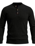 1pc Men'S Jacquard Long Sleeve Henley Shirt Solid Striped Textured Fabric with Stretch Street Style Casual Top for Autumn Winter Fashion White Matchable Pullover Base Layer - Black