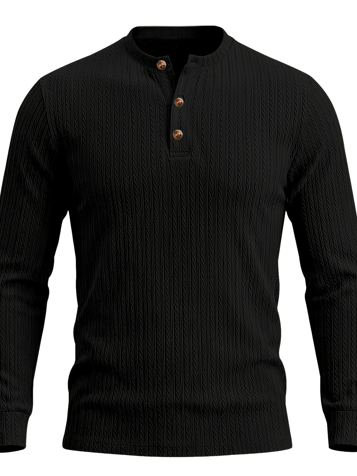 1pc Men'S Jacquard Long Sleeve Henley Shirt Solid Striped Textured Fabric with Stretch Street Style Casual Top for Autumn Winter Fashion White Matchable Pullover Base Layer - Black