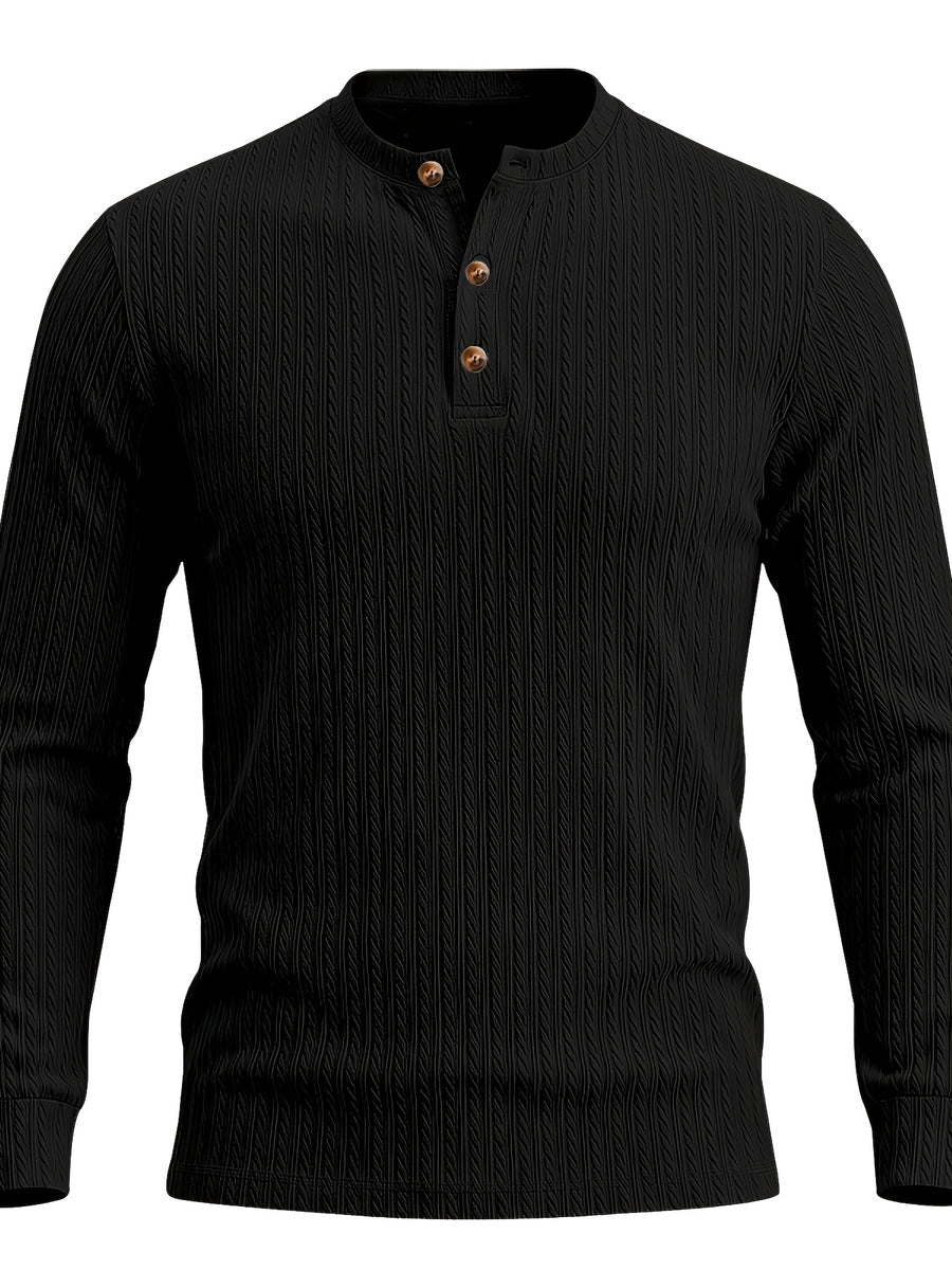 1pc Men'S Jacquard Long Sleeve Henley Shirt Solid Striped Textured Fabric with Stretch Street Style Casual Top for Autumn Winter Fashion White Matchable Pullover Base Layer - Black