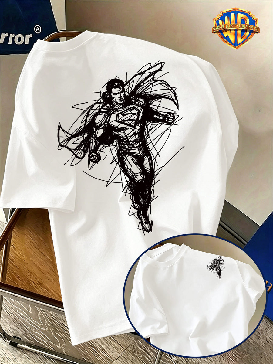 Warner Bros. Official Back-to-School Season Men's Casual T-Shirt, Soft and Breathable Lightweight Short-Sleeve Fabric, DC Superman Core S Logo Black and White Sketch Line American Anime Print, Light and Comfortable Fit, Suitable for Daily Wear - White