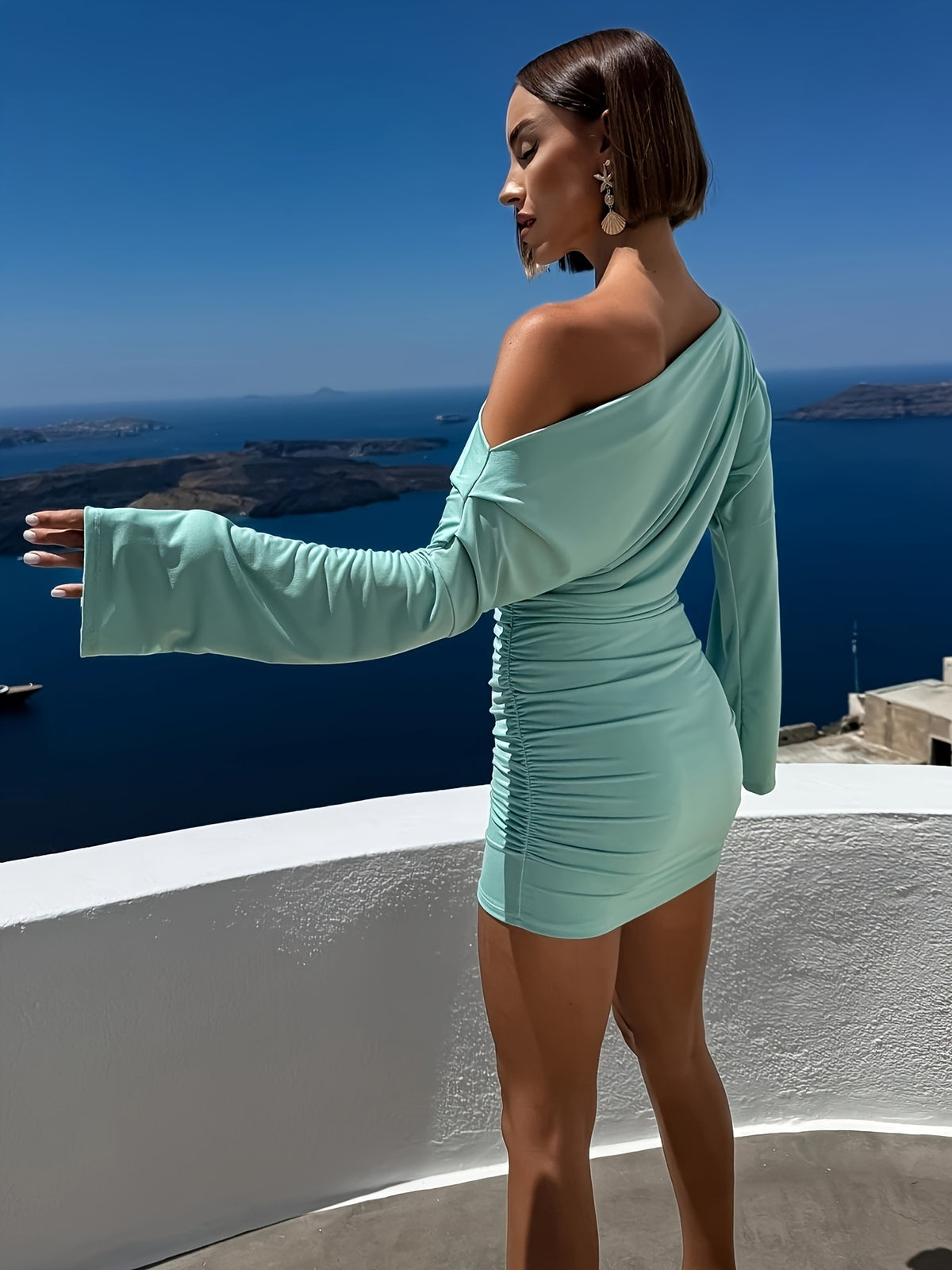 Women's Fashion Pure Desire One-Shoulder Off-Shoulder Long Sleeve Dress, Mint Green Ruched Waist-Cinching Bodycon Hip-Hugging Mini Skirt, Sexy Beach Vacation Short Skirt for Hot, Niche Designer Ruched Waist-Slimming Mini Skirt + YYTT - Viridity