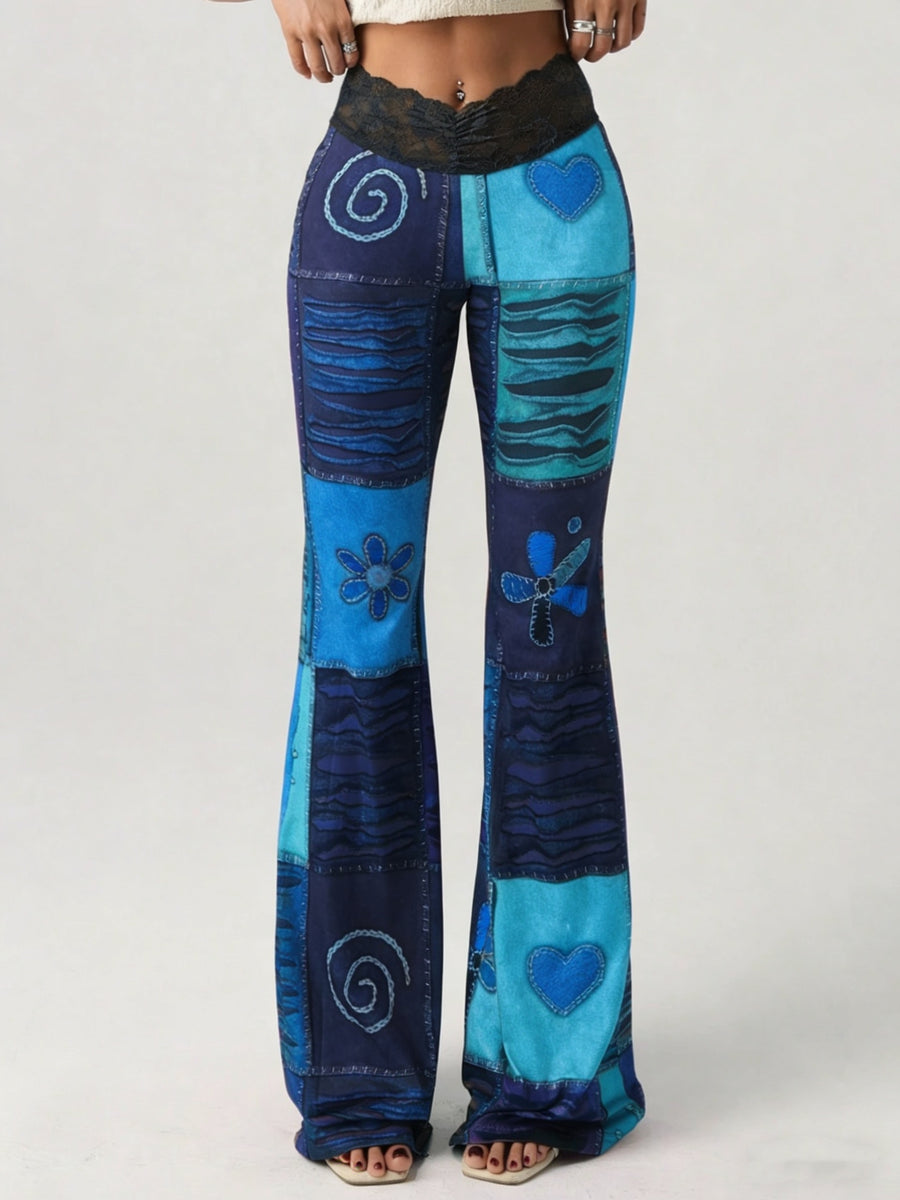 Sexy Lace Patchwork Flared Pants/Bohemian Color-Block Print/ - Multicolor
