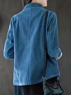 Women's Autumn Casual Jacket, Vintage Style Blue Loose Fit Single-Breasted Button, Versatile Casual Blazer - Sea Blue