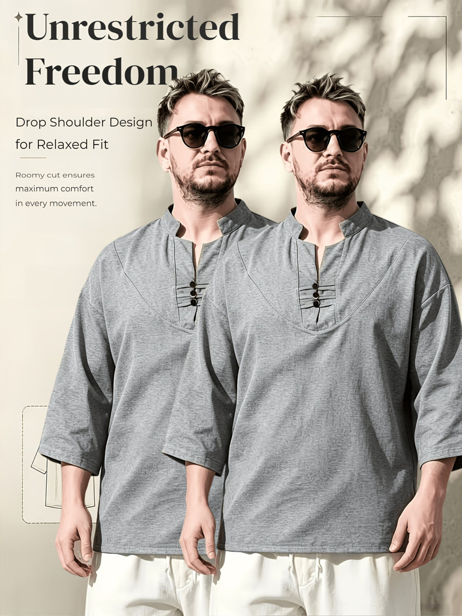 2pcs/Men'S Casual Shirts, New Linen V-Neck Casual Pullover Shirts for Daily Casual Wear, Solid Color 3/4 Sleeve Design, Suitable for Spring, Summer, And Autumn, Quick-Dry Non-Stretch Fabric, Loose Fit, Perfect Gift! - Grey