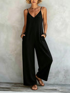 Boho Solid Color Bohemian Style Spaghetti Strap Jumpsuit 2026 Spring Romantic Black V-Neck Loose Wide-Leg Jumpsuit, Daily Casual Vacation Style, Flattering and Versatile Pantsuit, Multiple Sizes Available - Black