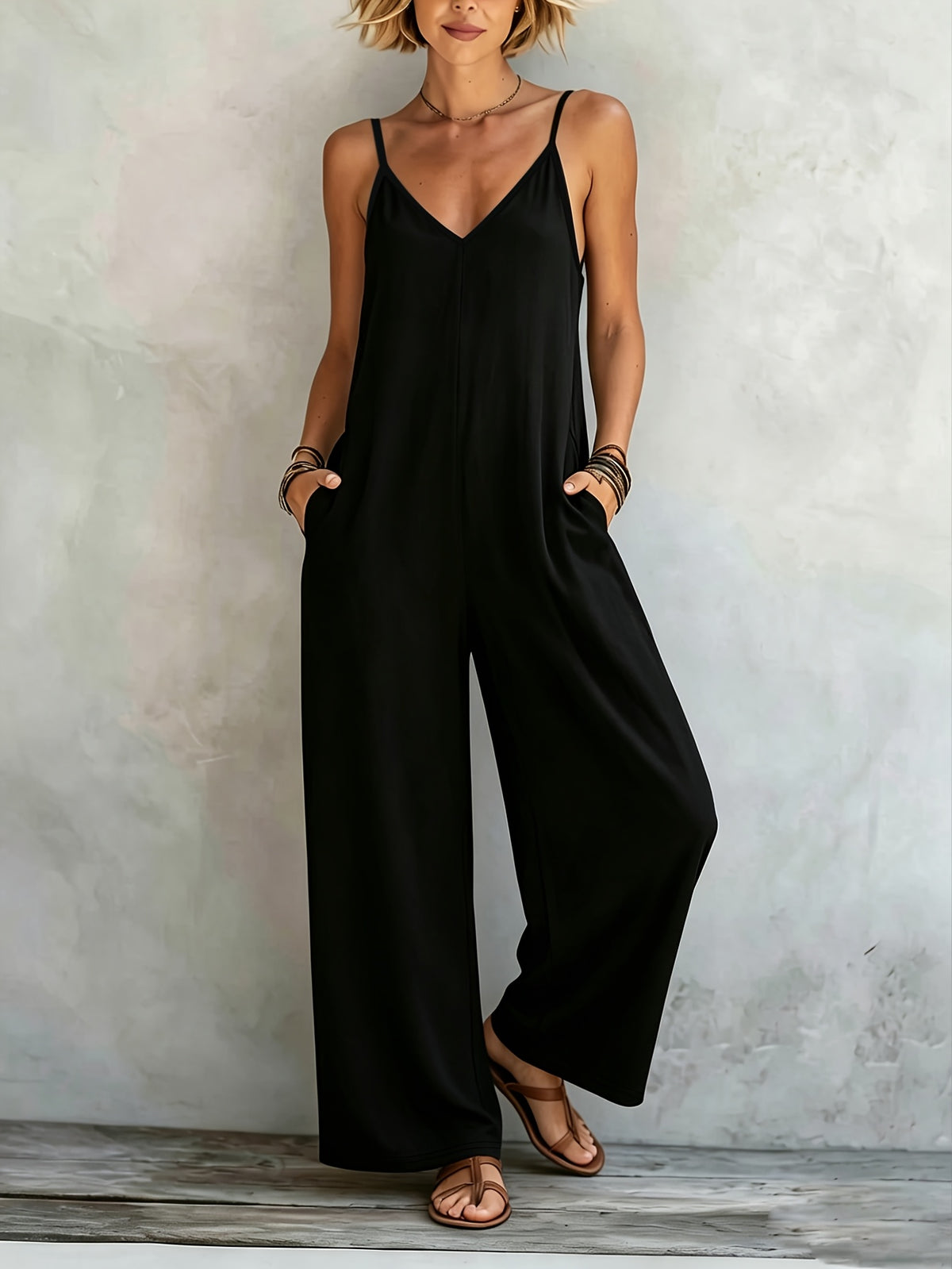 Boho Solid Color Bohemian Style Spaghetti Strap Jumpsuit 2026 Spring Romantic Black V-Neck Loose Wide-Leg Jumpsuit, Daily Casual Vacation Style, Flattering and Versatile Pantsuit, Multiple Sizes Available - Black