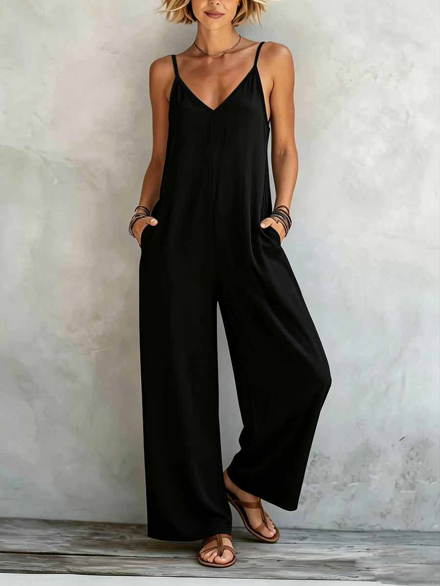 Boho Solid Color Bohemian Style Spaghetti Strap Jumpsuit 2026 Spring Romantic Black V-Neck Loose Wide-Leg Jumpsuit, Daily Casual Vacation Style, Flattering and Versatile Pantsuit, Multiple Sizes Available - Black