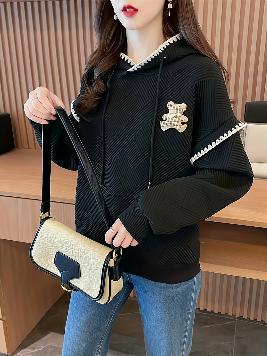 New Style Hooded Color-Blocked Lace 3D Patch Cartoon Waffle Sweatshirt for Women D1222A - Black