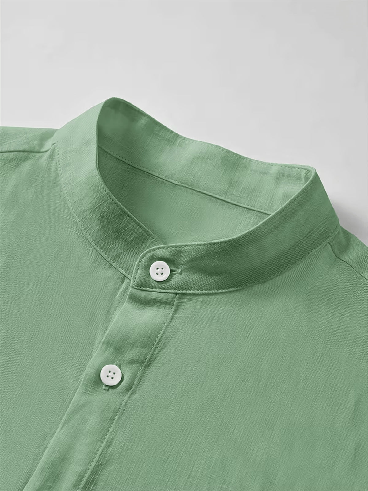 Men'S New Style Faux Linen Stand Collar Button-Up Shirt - Literary, Introverted, Fashionable, Versatile, Relaxed Texture, Trendy Loose Fit - Suitable for Beach, Vacation, Office, Formal And Casual Wear - Light Green